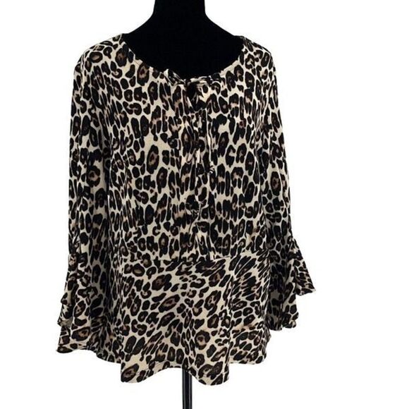 Chico's Womens Animal Print Bell Sleeve Lace-Up Peplum Blouse Black Tan Size 2 - Picture 1 of 10